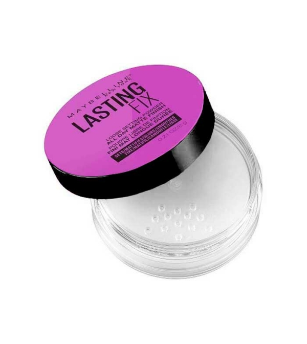Un contenant transparent de Poudre matifiante Master Fix Powder de Maybelline New York, 6 g, avec un couvercle violet est ouvert, faisant écho aux teintes vibrantes de Dakar. Le couvercle affiche le texte et la marque du produit. Dakar