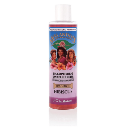 Un flacon d'Activilong Miss Antilles International Shampooing Embellisseur Hibiscus 250 ml avec une illustration de trois femmes et le texte "J'❤ la Nature