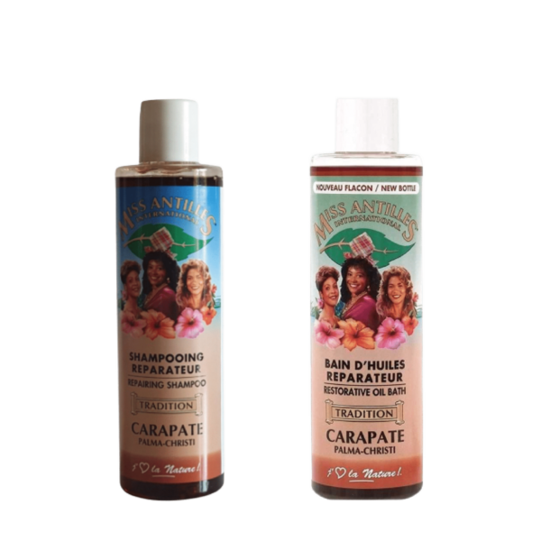Deux flacons marron du Duo de Soins Réparatrice pour les Cheveux Secs