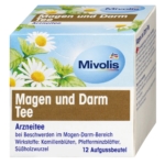 Une boîte de Mivolis Magen und Darm Tee, une tisane allemande à base de camomille, de menthe poivrée et de racine de réglisse pour la digestion. Idéal après avoir utilisé The Body Shop Tonique Matifiant et Purifiant Arbre à Thé 250ml. Contient 12 sachets de thé avec des fleurs de camomille sur l'emballage. Dakar