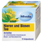 Une boîte de Mivolis Tisane Médicinale Tisane pour les Reins et la Vessie-Tisane allemande pour le soutien des reins et de la vessie, avec des fleurs jaunes, des feuilles vertes, un texte bleu/jaune sur l'emballage, avec 12 sachets de tisane. Dakar