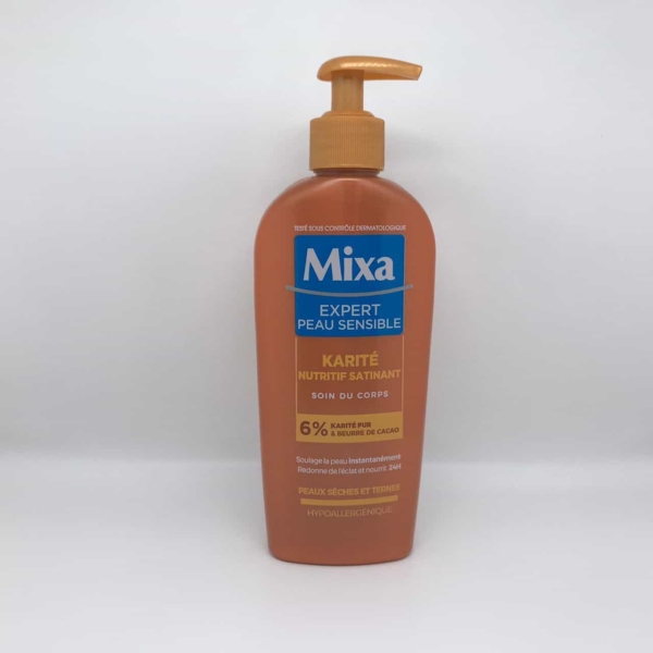 Flacon pompe orange de Mixa Lait corps Nutritif Satinant Karité Intensif Peaux Sèches 250 ml