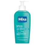 Flacon pompe turquoise de MIXA Gel Nettoyant Visage Sans Savon Anti-Imperfections 200 ml, conçu pour les peaux sensibles et sujettes aux imperfections ; met en valeur le zinc, est hypoallergénique, sans alcool et convient au nettoyage quotidien. Dakar