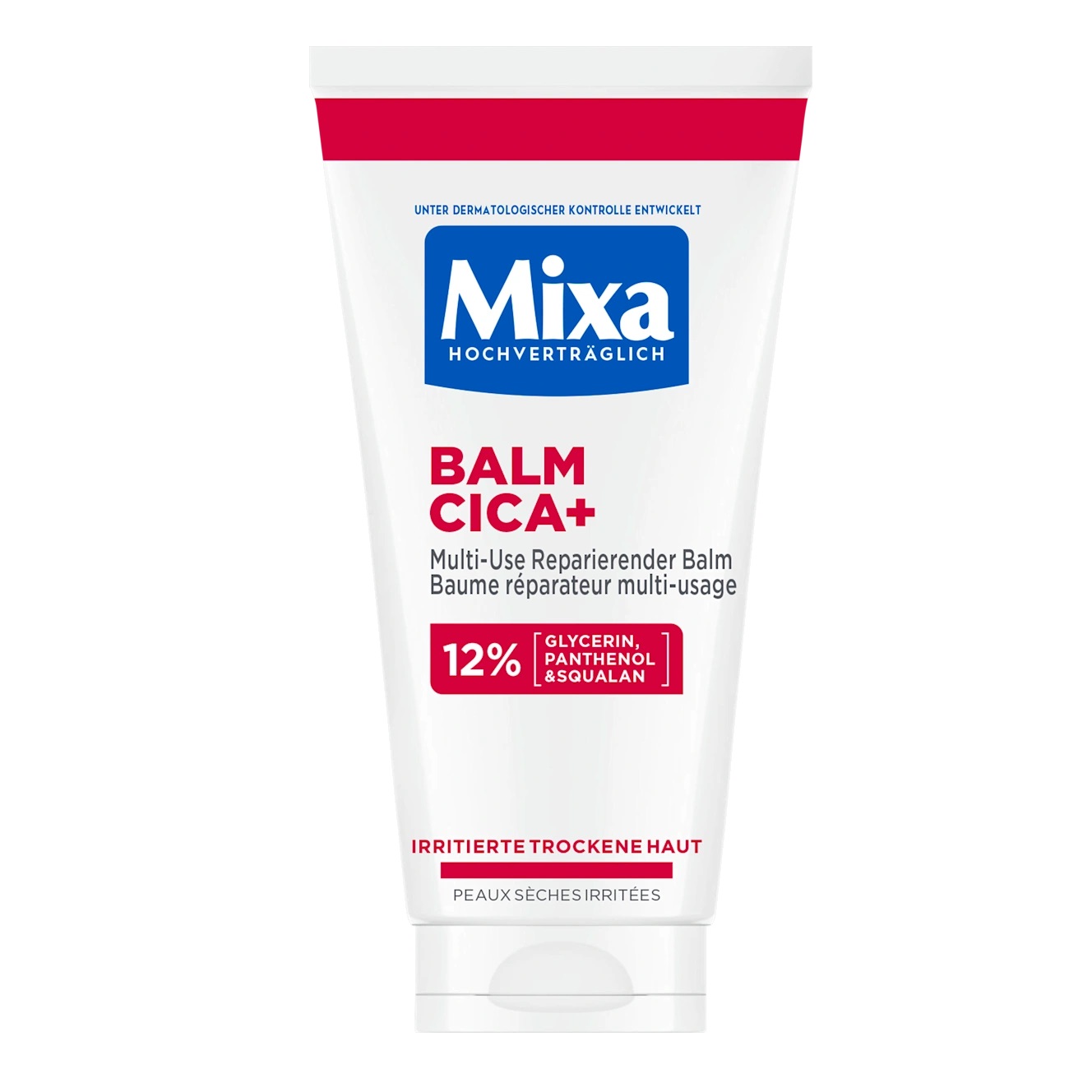 Le tube de 50ml de Mixa Cica Baume Réparatrice Multi-Usage avec 12% de glycérine, panthénol et squalane apaise les peaux sèches et irritées. Son emballage blanc aux accents rouges et bleus complète le Fond de Teint d'Essence Cosmetics. Dakar
