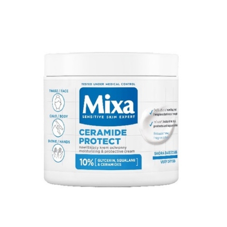 Mixa Creme Ceramide Deep Moisture Bébés et Adultes 400 ml se présente dans un pot blanc avec une étiquette bleue, formulé pour le visage, le corps et les mains sensibles. Elle contient 10 % de glycérine, de squalane et de céramides pour une hydratation et un soin intensifs. Dakar