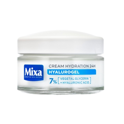 Un pot en verre transparent de Mixa Hyalurogel Gel Crème Hydratant Intensif JOUR 50 ml avec un couvercle blanc, étiqueté comme contenant 7% de glycérine végétale et d'acide hyaluronique, spécialement conçu pour les peaux sensibles. Dakar