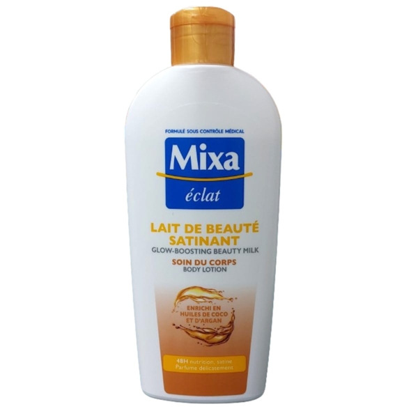 Un flacon blanc de Mixa Lait Éclat Beauté Satinant Corps de 400 ml avec un bouchon orange, un texte en français et des images d'huile de coco et d'argan au bas du flacon. Dakar