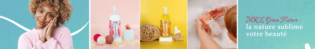 Une femme sourit, les mains près du visage, sur un fond bleu sarcelle. Ensuite, trois images montrent des produits de soin avec un emballage coloré. La dernière image montre des mains tenant un produit. Texte : « MKL Green Nature : la nature sublime votre beauté. Dakar