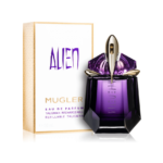 Un flacon violet de Mugler Alien Eau de Parfum rechargeable pour femme 30 ml avec son coffret orné d'un texte doré et violet