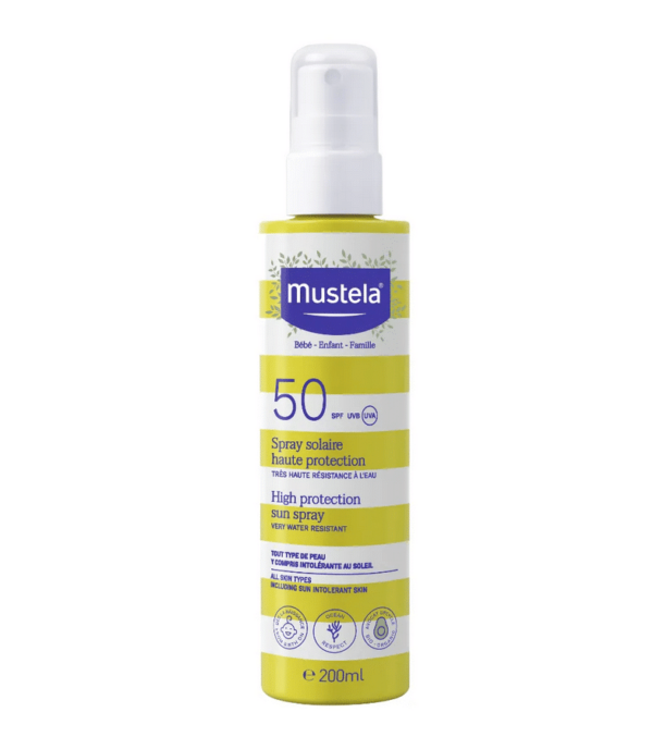 Flacon de Mustela BÉBÉ SOLAIRE - Spray Solaire Haute Protection SPF50 - Peau Sensible
