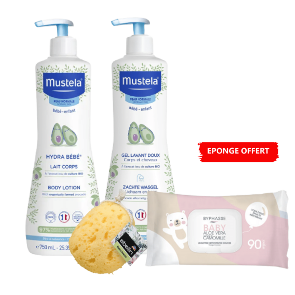 Mustela Coffret Économique Soin Bébé Lait 750 ml + Gel Lavant 750 ml + Éponge Bain  + Lingettes Byphasse 90u