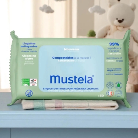 Un paquet de Mustela Bébé Lingettes Dermo Apaisantes 60 pièces repose sur un chiffon sur une surface bleue, avec un ours en peluche et un décor en arrière-plan flou. L'emballage met en avant son origine naturelle et ses caractéristiques écologiques. Dakar