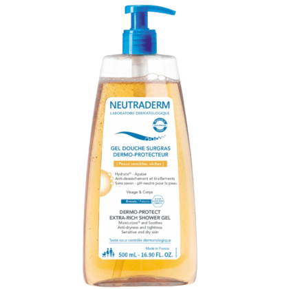 Un flacon de Neutraderm Gel Douche Surgras Dermo Protecteur 500 ml avec une pompe et une étiquette bleues