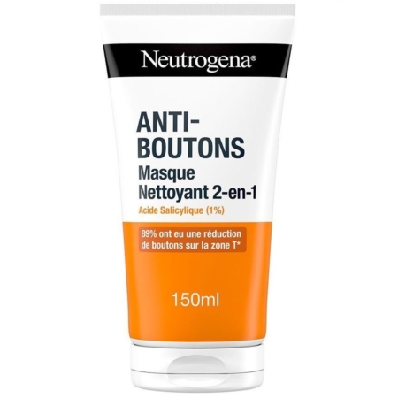 Le tube de 150 ml de Neutrogena Anti-boutons 2 en 1 Nettoyant Et Masque, dont l'emballage français est blanc et orange, contient 1 % d'acide salicylique et met en avant les bienfaits anti-acnéiques. Dakar