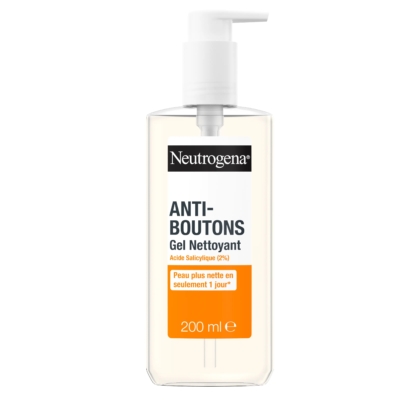 Le gel nettoyant à l'acide salicylique 200 ml de Neutrogena Anti-boutons est présenté dans un flacon transparent avec une pompe blanche et promet une peau plus claire en un jour - parfait pour un usage quotidien. Dakar