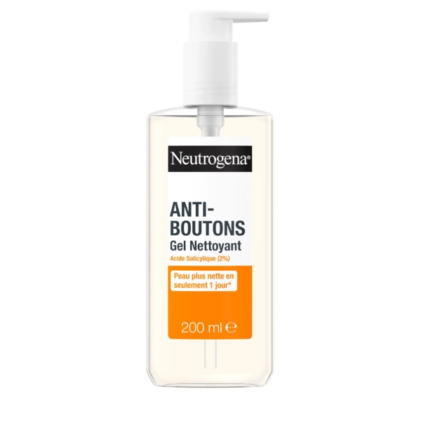 Le gel nettoyant à l'acide salicylique 200 ml de Neutrogena Anti-boutons est présenté dans un flacon transparent avec une pompe blanche et promet une peau plus claire en un jour - parfait pour un usage quotidien. Dakar