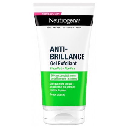 Le tube de 150 ml de Neutrogena Citron Exfoliant Matifiante Anti-Brillance et Anti Pore Dilates, pour les peaux grasses, au citron vert et à l'aloe vera, comporte un texte en français et une section verte soulignant les allégations cliniques. Dakar