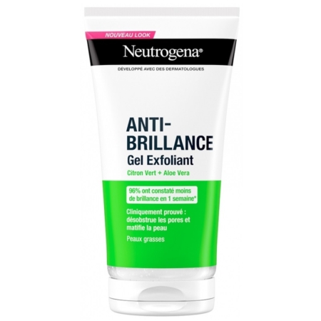 Le tube de 150 ml de Neutrogena Citron Exfoliant Matifiante Anti-Brillance et Anti Pore Dilates, pour les peaux grasses, au citron vert et à l'aloe vera, comporte un texte en français et une section verte soulignant les allégations cliniques. Dakar