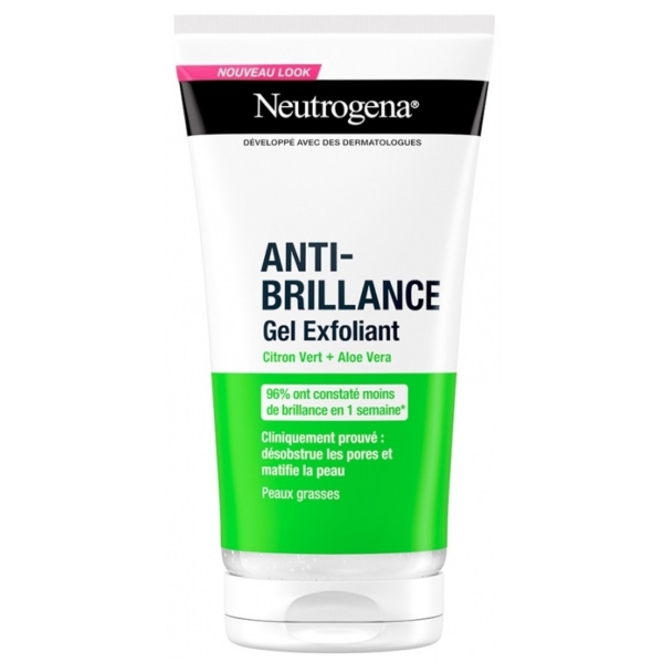 Le tube de 150 ml de Neutrogena Citron Exfoliant Matifiante Anti-Brillance et Anti Pore Dilates, pour les peaux grasses, au citron vert et à l'aloe vera, comporte un texte en français et une section verte soulignant les allégations cliniques. Dakar
