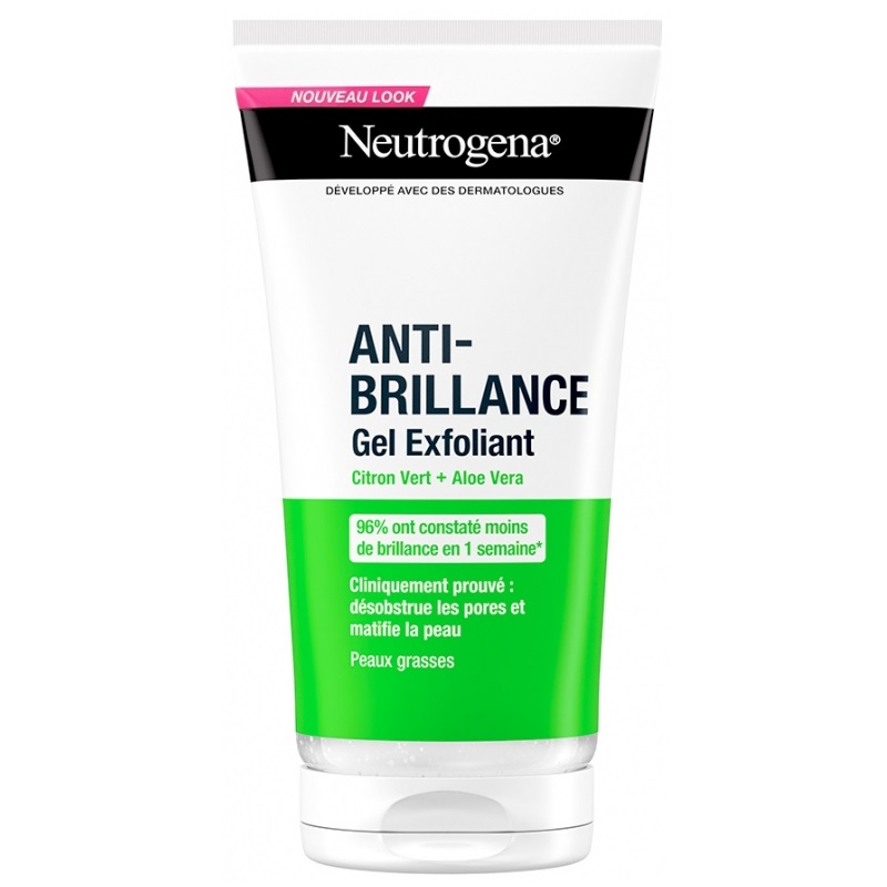 Le tube de 150 ml de Neutrogena Citron Exfoliant Matifiante Anti-Brillance et Anti Pore Dilates, pour les peaux grasses, au citron vert et à l'aloe vera, comporte un texte en français et une section verte soulignant les allégations cliniques. Dakar