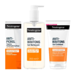 Le Pack Essentiel Anti Boutons Nettoyant + Crème Visage de Neutrogena comprend une crème hydratante quotidienne, un gel nettoyant à pompe de 200 ml et un tube de gel exfoliant, tous dotés de propriétés anti-imperfections et de touches d'orange. Dakar