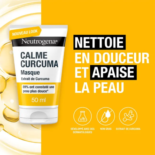 Neutrogena Curcuma Masque Purifiant 50 ml sur fond jaune avec un texte en français mettant l'accent sur le nettoyage en douceur et l'apaisement. Les icônes soulignent la formule non grasse, développée par des dermatologues, à base d'extrait de curcuma pour une peau calme et radieuse. Dakar