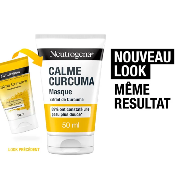 Neutrogena Curcuma Masque Purifiant 50 ml présente un "Nouveau look, même résultat" grâce à son nouvel emballage. L'ancien design apparaît en plus petit sur la gauche, avec la mention "Look précédent". Dakar