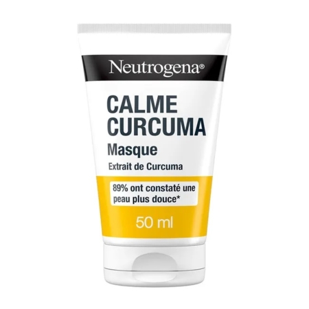 Le tube de 50 ml de Neutrogena Curcuma Masque Purifiant, étiqueté en français, présente la formule apaisante à base de curcuma de la marque dans un tube blanc avec un texte noir, jaune et bleu. Dakar