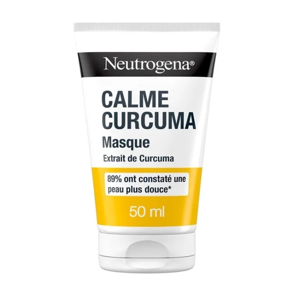 Le tube de 50 ml de Neutrogena Curcuma Masque Purifiant, étiqueté en français, présente la formule apaisante à base de curcuma de la marque dans un tube blanc avec un texte noir, jaune et bleu. Dakar