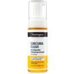 Un flacon de 150 ml de mousse nettoyante au curcuma de NEUTROGENA pour les peaux sensibles et sujettes aux imperfections, avec du curcuma, une pompe blanche, des accents jaune-orange et un texte en allemand sur l'étiquette. Dakar