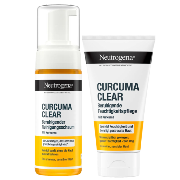 Le Pack NEUTROGENA Curcuma Mousse Nettoyante + Soins Anti Boutons comprend une mousse nettoyante apaisante et un soin anti-imperfections, tous deux dans un emballage blanc aux accents jaunes et noirs, conçus pour les peaux sensibles et stressées. Dakar