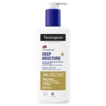 Un flacon blanc de 250 ml de Neutrogena Deep Moisture Lait Corps Hydratation Intense Peaux Sèches avec une pompe bleue, une étiquette allemande, 10% de glycérine et d'huile d'amande pour les peaux sèches, ainsi que des accents bleus, dorés et noirs. Dakar
