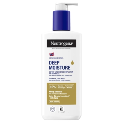 Un flacon blanc de 250 ml de Neutrogena Deep Moisture Lait Corps Hydratation Intense Peaux Sèches avec une pompe bleue, une étiquette allemande, 10% de glycérine et d'huile d'amande pour les peaux sèches, ainsi que des accents bleus, dorés et noirs. Dakar
