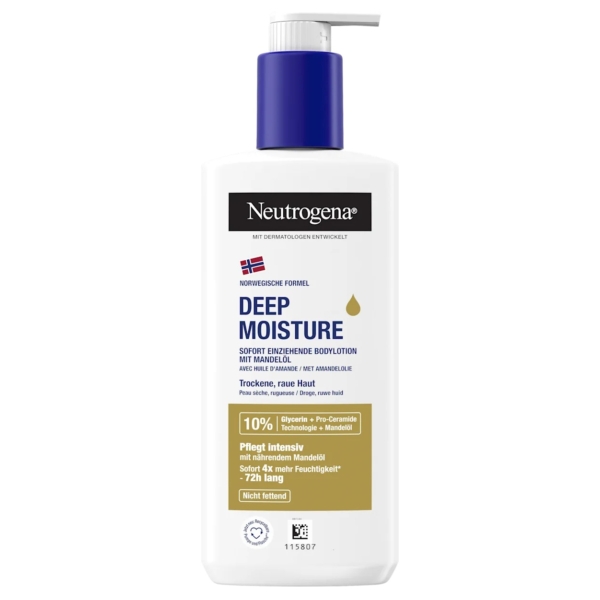 Un flacon blanc de 250 ml de Neutrogena Deep Moisture Lait Corps Hydratation Intense Peaux Sèches avec une pompe bleue, une étiquette allemande, 10% de glycérine et d'huile d'amande pour les peaux sèches, ainsi que des accents bleus, dorés et noirs. Dakar