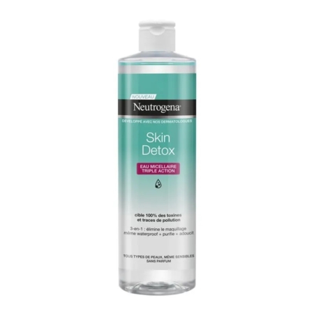 Un flacon transparent de Neutrogena Eau Micellaire 3en1 400ml avec une étiquette sarcelle et blanche et un bouchon à charnière, présentant une formule triple action pour les peaux sensibles qui démaquille et purifie. Dakar