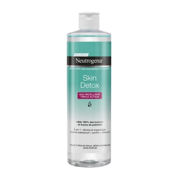 Un flacon transparent de Neutrogena Eau Micellaire 3en1 400ml avec une étiquette sarcelle et blanche et un bouchon à charnière, présentant une formule triple action pour les peaux sensibles qui démaquille et purifie. Dakar