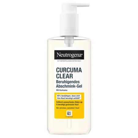Flacon pompe transparent de NEUTROGENA Curcuma : mousse nettoyante 150ml, comportant une étiquette blanche avec un texte allemand bleu et jaune. Dakar