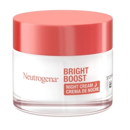 Un pot de Neutrogena Glow Boost Crème Nuit Éclat Revitalisante 50 ml est doté d'un couvercle de couleur corail et d'une étiquette blanche avec le nom Neutrogena en texte rouge et orange, affiché en anglais et en français. Dakar