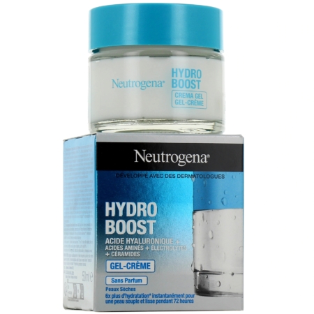 Un pot de NEUTROGENA Hydro Boost Aqua-Creme Soin Hydratant 50 ml est posé sur sa boîte bleue et argentée, affichant une étiquette qui met en avant des ingrédients tels que l'acide hyaluronique, les acides aminés, les électrolytes et les céramides. Dakar