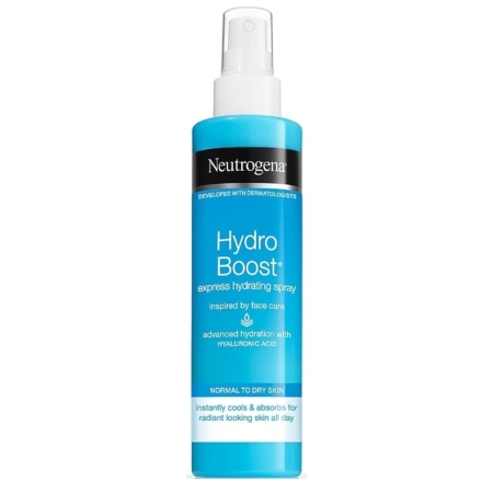 Un flacon bleu de 200 ml de Neutrogena Hydro Boost Corps Spray Hydratant avec un bouchon blanc, conçu pour les peaux normales à sèches et enrichi en acide hyaluronique pour une hydratation avancée. Dakar