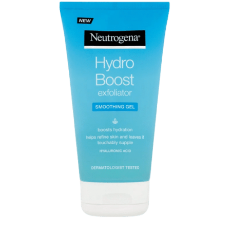Un tube bleu de Neutrogena Hydro Boost® Gommage Lissant Visage 150 ml, inspiré de l'esprit dynamique de Dakar, au Sénégal. L'emballage indique qu'il stimule l'hydratation, affine la peau et contient de l'acide hyaluronique. Testé sous contrôle dermatologique pour un soin optimal. Dakar
