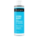 Un flacon de 400 ml de Neutrogena Hydro Boost visage eau micellaire 3 en 1 avec une étiquette bleue et un bouchon blanc, avec des détails sur le produit en allemand et en français. Dakar