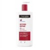 Un flacon blanc de Neutrogena Lait de Corps Réparation Intense 400 ml avec pompe rouge, conçu pour les peaux très sèches et rugueuses. L'étiquette mentionne 10 % de glycérine et de centella asiatica pour une hydratation et une réparation intenses. Dakar