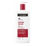 Un flacon blanc de Neutrogena Lait de Corps Réparation Intense 400 ml avec pompe rouge, conçu pour les peaux très sèches et rugueuses. L'étiquette mentionne 10 % de glycérine et de centella asiatica pour une hydratation et une réparation intenses. Dakar
