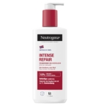 Un flacon pompe blanc de Neutrogena Lait pour le corps Intense Repair 250 ml pour les peaux très sèches, avec un texte rouge et noir, une image du drapeau norvégien et des allégations de 10 % de glycérine et de soulagement immédiat. Dakar