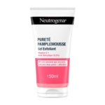 Un tube de 150 ml de gel exfoliant Neutrogena Pureté Pamplemousse, doté d'une étiquette blanche et rose comportant un texte en français. Dakar