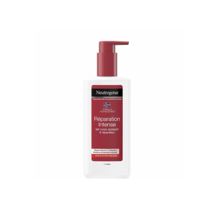 Un flacon blanc de NEUTROGENA Lait pour le corps Intense Repair 250 ml avec une pompe rouge et une étiquette française, conçu pour les peaux très sèches. Dakar