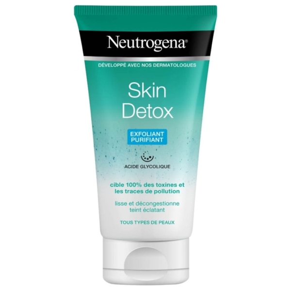 Neutrogena Exfoliant Affinant 150ml contient de l'acide glycolique et convient à tous les types de peau. Son emballage sarcelle et blanc en français met en avant ses bienfaits purifiants et détoxifiants. Dakar