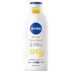Un flacon blanc de 400 ml de Nivea Lait de Corps Hydratant Fermeté Q10 + Vitamine C présente un étiquetage bleu et orange, une tranche d'orange et un texte soulignant son effet raffermissant en 7 jours et sa teneur en vitamine C. Dakar