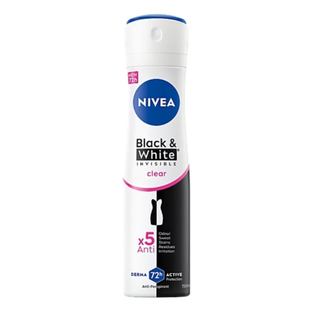 Une boîte de 200 ml de déodorant spray Nivea Black and White Invisible Original avec un bouchon blanc et une étiquette noire et blanche, offrant une protection de 72 heures contre les odeurs, la sueur, les taches, les résidus et l'irritation. Dakar